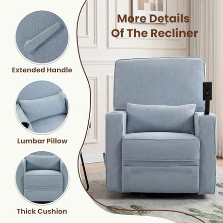 360° Swivel Rocker Recliner Chair with Adjustable Footrest, Rocking Chair Nursery with Phone Stand & Cup Holder,Manual Nursing Chair Glider Recliner Armchair for Adults, Living Room (Blue) FiveWillowise
