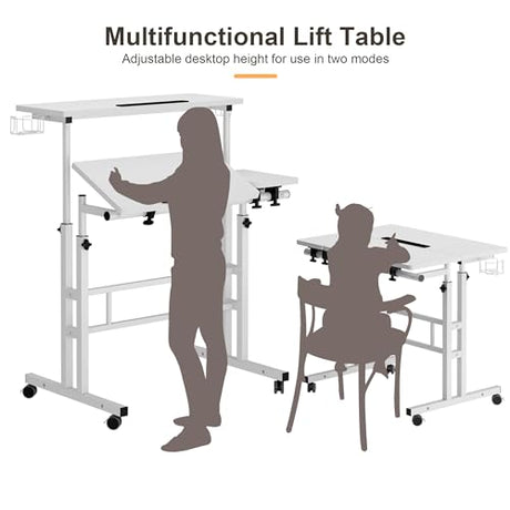 SogesHome 31.5 inch Mobile Standing Desk Adjustable Computer Desk Rolling Laptop Cart Portable Laptop Stand on Wheels Home Office Workstation with Cup Holder,Headphone Holder, Upgrade White SogesHome