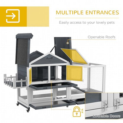 PawHut 65" Wooden Rabbit Hutch, Guinea Pig Hutch, Pet Playpen with Openable Roof, Bunny House Enclosure with Wheels, Storage Box, Slide-Out Tray, Ramp for Small Animals, Gray - WoodArtSupply