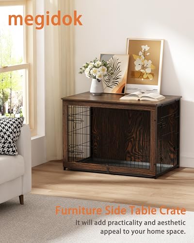 Megidok Wooden Dog Crate Furniture with Cushion, Dog Crate End Table with Tray, Double Doors Dog Crate Furniture Style, Decorative Dog Kennels Indoor (37" L*25" W*26" H, Rustic Style) Megidok