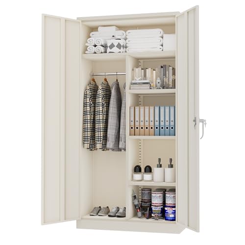 INTERGREAT Metal Storage Cabinet with Locking Doors, 72" Tall Wardrobe Closet with Lock and Hanging Rod, Steel Storage Locker Closet with 4 Shelves for Home Office, Garage, Grey - WoodArtSupply