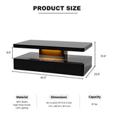 IKIFLY Modern High Glossy Coffee Table, Black Coffee Table for Living Room, Contemporary Rectangle Design Coffee Table with 16 Colors LED Lights, 2 Tiers IKIFLY
