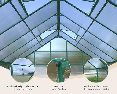 AMERLIFE 12x10x10 FT Polycarbonate Greenhouse with 2 Sliding Doors 4 Vents Window Walk-in Large Aluminum Greenhouse Premium Professional hot House for Outdoors, Green