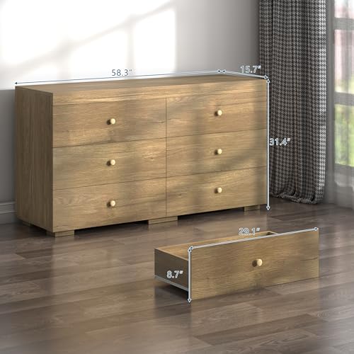 Zenflare Dresser for Bedroom 6 Drawer Wood Dresser 58.3" Wide, Large Chest of Drawers for Bedroom, Living Room, Hallway, Entryway, Modern TV Stand Drawer Organizer, Light Oak - WoodArtSupply