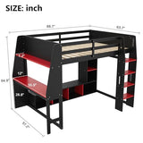 Full Size Gaming Loft Bed with Desk & RGB Light & Open Wardrobe,Wooden Loft Bed Frame with Storage Shelves,Safety Guardrails,Ladder and Under Bed play Space for Teens Adults,No Box Spring Needed,Black Harper & Bright Designs