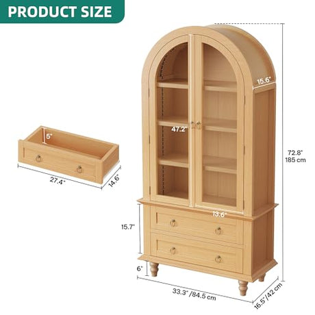 YITAHOME 73" Arched Pantry Cabinet with LED Lighting, 2 Drawers & Multi-Tier Shelves, Modern Farmhouse Kitchen Storage with Ambient Lighting for Dining Room, Natural YITAHOME