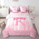 Feelyou Kids Pink Bowknot 7 Pieces Bedding Set Full Size, Personalized Initial K Bed in A Bag Princess Glitter Comforter Set with Sheets Boys Girls Bow Alphabet Teens Bed Set Bedroom Decor 7Pcs Feelyou