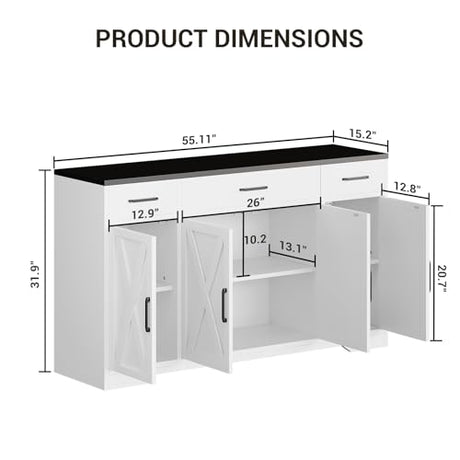 Garvee 55 in Large Buffet Sideboard Cabinet with Storage 4 Doors and 3 Drawers Kitchen Storage Cabinet Coffee Bar Buffet Table for Dining Room, Living Room, Adjustable Shelf Garvee