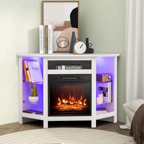 Tangkula Fireplace Corner TV Stand with LED Lights & Smart APP Control for 50 Inches TV, Entertainment Center with Adjustable Glass Shelves, 18” Electric Fireplace, Remote Control, Thermostat Tangkula