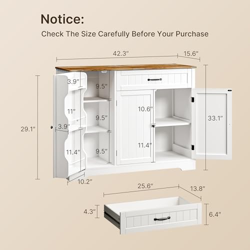 Gizoon Kitchen Coffee Bar Cabinet with Storage Kitchen Sideboard Buffet Cabinet with Drawers, Short Pantry with Door and Shelves for Bathroom and Living Room, White and Rustic Gizoon