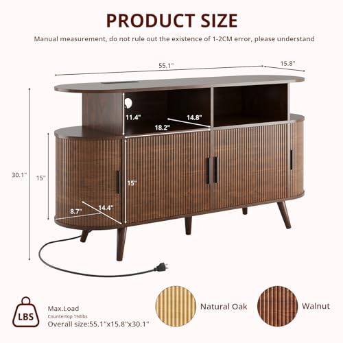 FURSUN 55" Large Round Record Player Stand, Record Storage Cabinet Holds Up 300 Albums with Charging Station & USB Ports, Fluted Modern Turntable Stand for Bedroom, Living Room, Dark Walnut FURSUN