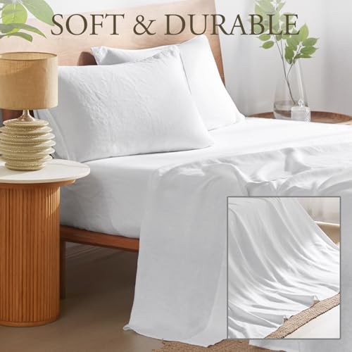 DAPU Pure Linen Sheets Set, 100% French Linen From Normandy, Breathable and Durable For Hot Sleepers, 4 Pcs Set - 1 Flat Sheet, 1 Fitted Sheet, 2 Pillowcases (White, Queen) DAPU