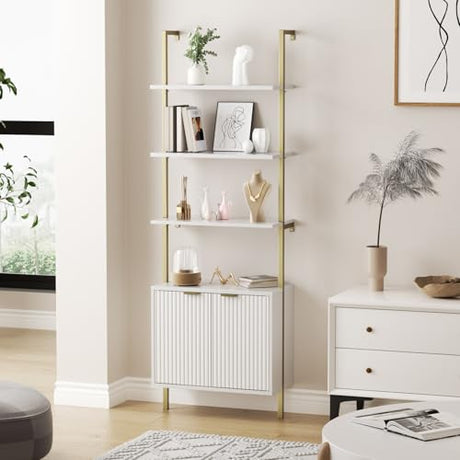 Set of 2 Ladder Bookshelf with Cabinet, 71" Tall Bookcase with Shelves & Storage, Fluted Ladder Shelf with Metal Frame, 6-Tier Display Rack for Living/Bedroom, Home & Office, White & Gold FiveWillowise