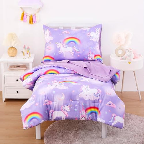 Wake In Cloud - Toddler Bedding Set for Girls, Colorful Unicorn Castle Rainbow, 4 Pieces Soft Crib Bed Set Including Comforter, Sheets and Pillowcase, Purple Wake In Cloud