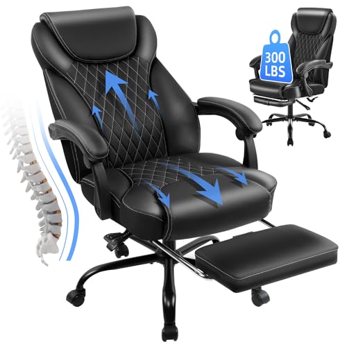 amseatec Office Chair, Big and Tall Office Chair with Foot Rest Ergonomic Chair for Home Desk, Reclining High Back Leather Chairs with Lumbar Support(Black) amseatec