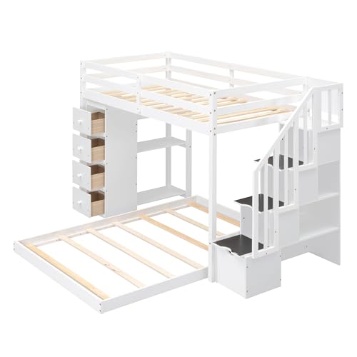 Merax Twin Over Full Bunk Bed Wood Frame with 3-Layer Shelves,4 Drawers and 3 Storage Stairs for Boys and Girls,Grey Merax