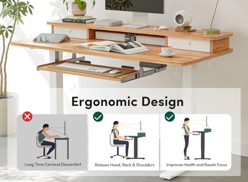 FEZIBO 48×24 Inchs, Adjustable Standing Desk - Whole-Piece Design with Drawers, Keyboard Tray & Storage Shelf, Light Rustic Top FEZIBO
