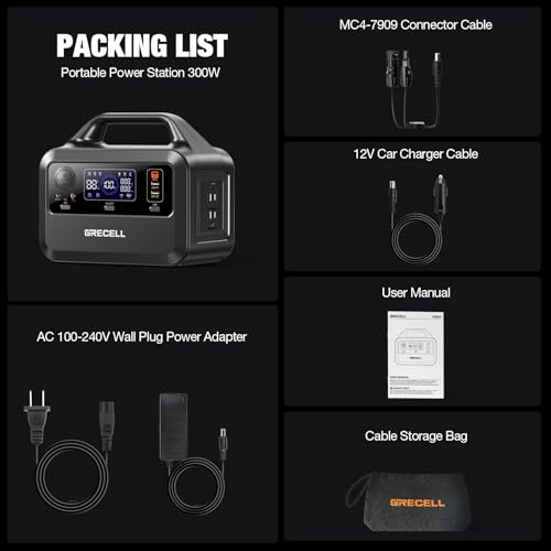 GRECELL Portable Power Station 300W, 230Wh LiFePO4 (LFP) Battery, 1.5hrs Fast Charging, 2 Up to 300W(Peak 600W) AC Outlets, Solar Generator for Outdoor Camping/RVs/Home Use GRECELL