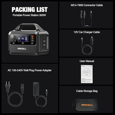 GRECELL Portable Power Station 300W, 230Wh LiFePO4 (LFP) Battery, 1.5hrs Fast Charging, 2 Up to 300W(Peak 600W) AC Outlets, Solar Generator for Outdoor Camping/RVs/Home Use GRECELL