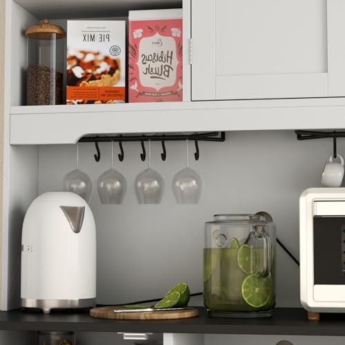 68"Tall Kitchen Pantry Storage Cabinet with Charging Station,Upgrade Freestanding Food Pantry with Wine Glass Holder ,Drawers and Shelves,Kitchen Hutch with Microwave Stand for Kitchens(White+Black) Gyfimoie