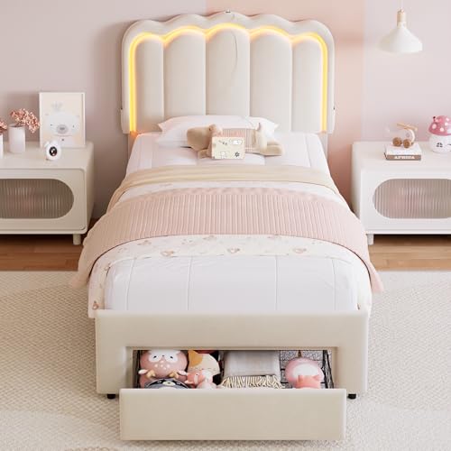Twin Upholstered LED Bed Frame with Storage Drawer and Adjustable Chic Double Wavy Headboard, Velvet Princess Platform Bed for Kids/Girls, Solid Wood Slats Support, No Box Spring Needed, Beige Jocoevol