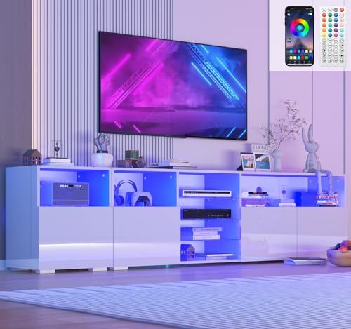 jiteentarou 79IN LED TV Stand for 75/80/85inch TV,High Glossy Modern TV Stand for Living Room,TV Entertainment Center with Adjustable Storage Shelf,RGB LED Lighting,TV Console(White) - WoodArtSupply