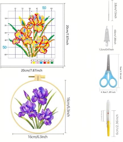 Zhenqing 4-Pack Floral Cross Stitch Kits – 11CT 20x20cm Aida Cloth with Iris, Sunflower & Butterfly Designs – Vibrant Home Decor Embroidery Set（68157）