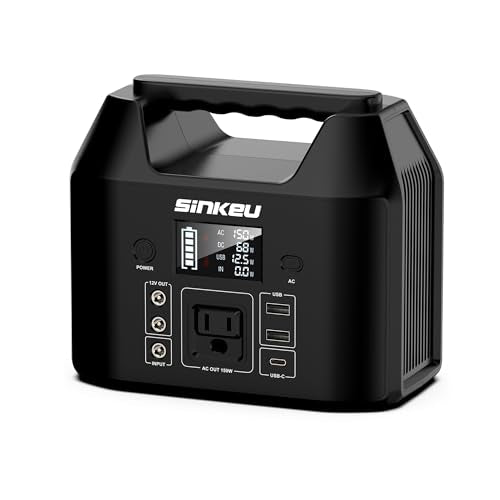 SinKeu E150 Portable Power Station 150W 122.8 Watt Hours LiFePO4 Battery Power Bank Camping Solar Generator with 110V AC Outlet(USB*2 DC*2 USB-C) Flashlight for Outdoor Home Travel Emergency(Black) SinKeu