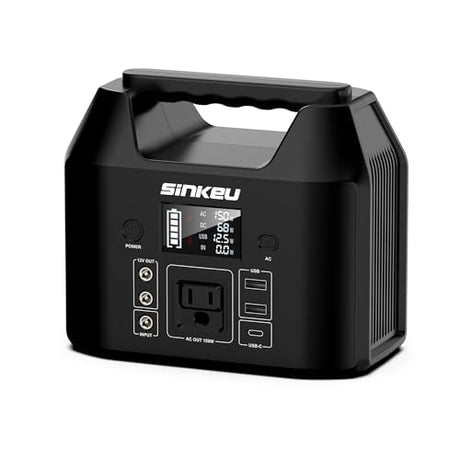 SinKeu E150 Portable Power Station 150W 122.8 Watt Hours LiFePO4 Battery Power Bank Camping Solar Generator with 110V AC Outlet(USB*2 DC*2 USB-C) Flashlight for Outdoor Home Travel Emergency(Black) SinKeu