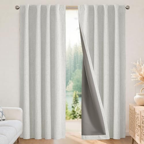 Joydeco Blackout Curtains for Bedroom - 84 Inch Long 100% Light Blocking 2 Panels Set White Drapes, Thermal Insulated Room Darkening Curtains, Linen Textured for Living Room, Rod Pocket & Back Tabs Joydeco