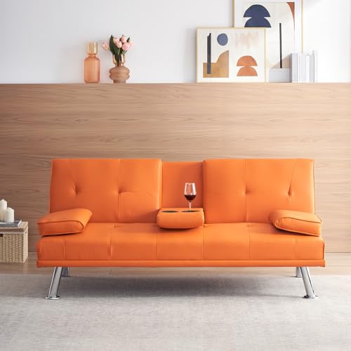 ODOLAR 70" Futon Sofa Bed,Multifunctional Convertible Folding Futon Sofa Bed with Coffee Table, 3 Adjustable Reclining Sleeper Sofa, Small Leather Couch for Living Room/Bedroom Small Spaces (Orange) ODOLAR