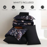 Xruibed Black Comforter Set King Size 7 Pieces Bed in a Bag, Botanical Floral Print Bed Sets, Elegant Flower Comforter with Sheet Set, Soft Microfiber Bedding Set for All Season (Black, 104"x90") Xruibed