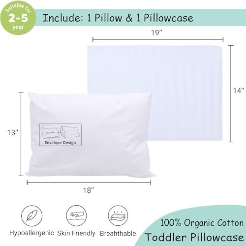 ZPECC Toddler Pillow with Pillowcase - 13x18 Organic Cotton Hypoallergenic Kids Pillow, Baby Essentials for Travel Crib Daycare Stroller (Intended for Age 2 and up) White Stripe ZPECC