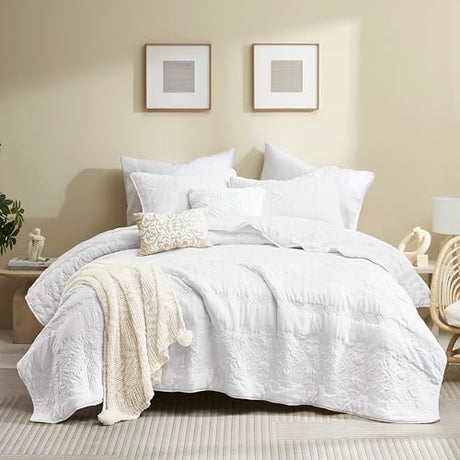 B2EVER Boho White Quilt Twin Size Bedding Sets with Pillow Sham, Bohemian Lightweight Soft Bedspread Coverlet, Farmhouse Floral Vintage Thin Comforter Bed Cover for All Season, 2 Pieces, 68x90 inches B2EVER