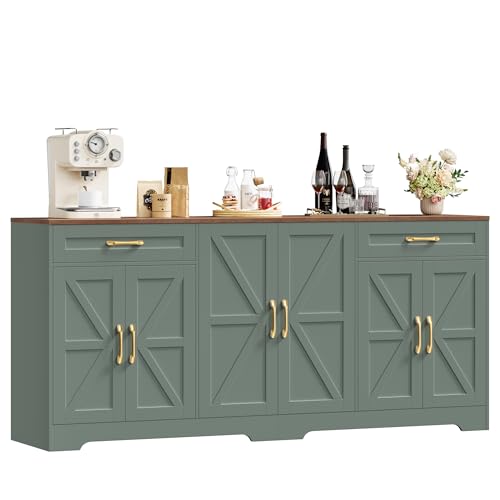 BOTLOG 71” Large Sideboard Buffet Cabinet with Storage, Farmhouse Kitchen Buffet Cabinet with Adjustable Shelves and 6 Barn Doors, Wood Coffee Wine Bar Console Table for Kitchen, Dining Room, Green BOTLOG