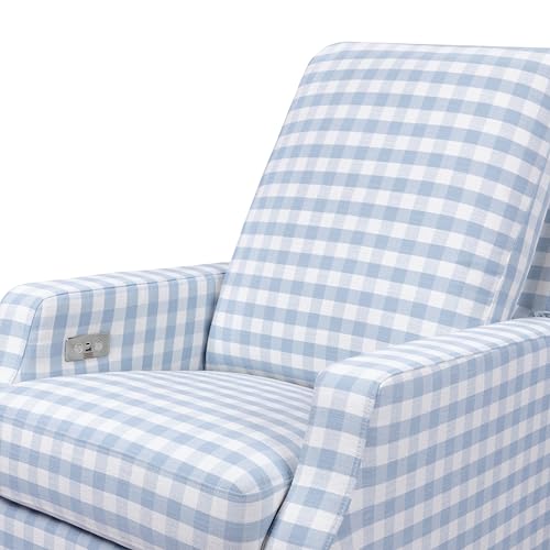 NAMESAKE Crewe Electronic Recliner and Swivel Glider in Blue Gingham with Light Wood Base, Greenguard Gold & CertiPUR-US Certified NAMESAKE