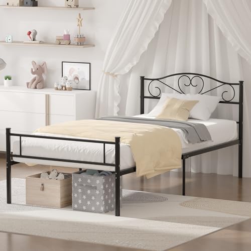 VECELO Metal Platform Bed Frame with Headboard & Footboard, Steel Slats Mattress Foundation, No Box Spring Needed, Twin, Matte Black VECELO