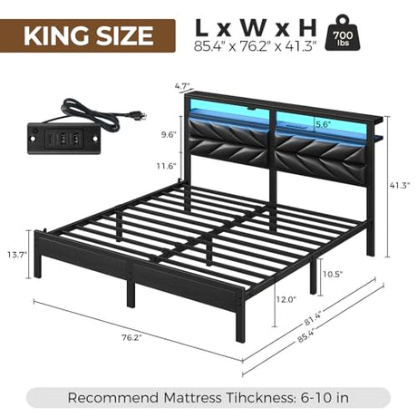 Seventable King Size Bed Frame with Charging Station & LED Lights, Upholstered Headboard with 2-Tier Storage Shelves, Metal Platform with Under Bed Storage, No Box Spring Needed, Easy Assembly, Black Seventable