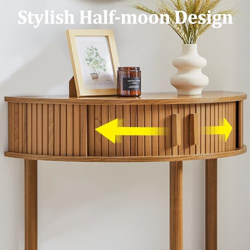 Entryway Table, Half Moon Fluted Console Tables with Storage, Mid Century Modern Small Half Round Sofa Tables for Hallway, Narrow Curved Accent Decor Table for Living Room (Mid-Century Modern, Walnut) Janmer Home