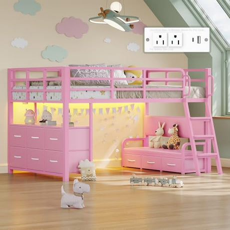 busyaeh Twin Loft Bed,Low Loft Bed with 9 Storage Drawers & 15.8" H Safety Guardrail & Inclined Ladder & Safety Handrail & LED Lights and Charging Station，Kids Loft Bed,Pink busyaeh