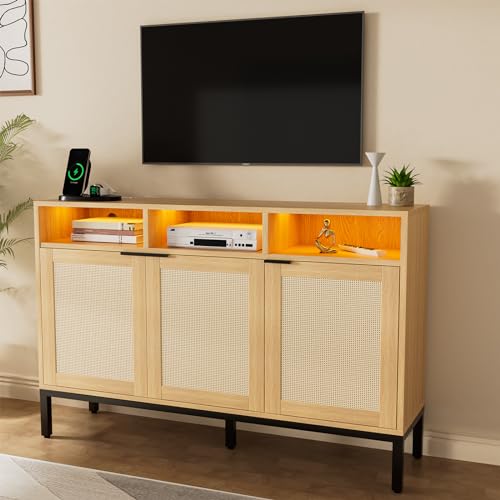 Rattan Tall TV Stand for Living Room,Tall Entertainment Center with Corrosion-resistant Metal Legs, 59" Mid Century Modern TV Stand with LED Lights, Storage Cabinet,Adjustable Shelf,Media Con - WoodArtSupply