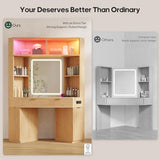 HAUOMS Corner Vanity, with Bag Showcase, LED Lights, Fluted Wood Luxury Makeup Vanity Desk with Mirror, Big Dressing Table with Glass Top, Cabinets, Shelves, Drawers, Charging Station (Oak) HAUOMS