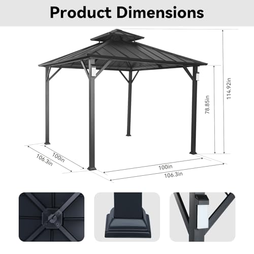 Modern Shade 10' x 10' Hardtop Gazebo Metal Gazebo Outdoor with 4 LED Lights Permanent Pavilion Hard Top Gazebo with Galvanized Steel Roof & Frame Patio Gazebo for Backyard, Deck, Garden, Law - WoodArtSupply