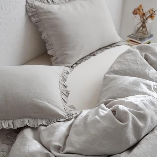 Simple&Opulence 100% Linen Duvet Cover Set, Natural French Flax Light Grey Ruffle Duvet Cover Twin Size, Breathable Comfy Linen Bedding Comforter Cover with 1 Pillowcase (Light Grey, 68" x 86") Simple&Opulence