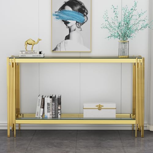 55 Inch Modern Luxury Console Table Clear Glass Sofa Table w/Gold Stainless Steel Pipe Frame, 2-Layer Narrow Table Accent Table for Living Room, Home Entayway Table Foyer Table for Entrance Hallway Henf