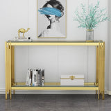 55 Inch Modern Luxury Console Table Clear Glass Sofa Table w/Gold Stainless Steel Pipe Frame, 2-Layer Narrow Table Accent Table for Living Room, Home Entayway Table Foyer Table for Entrance Hallway Henf
