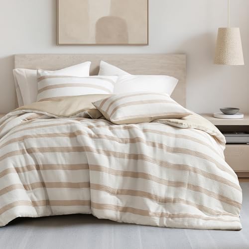Madison Park Essentials Striped Comforter Set King/Cal King Size, Yarn-Dyed Reversible Comforter with Minimalist Stripes, Crinkled Texture Bedding Set for All-Season Lightweight Warmth, Merritt Taupe Madison Park