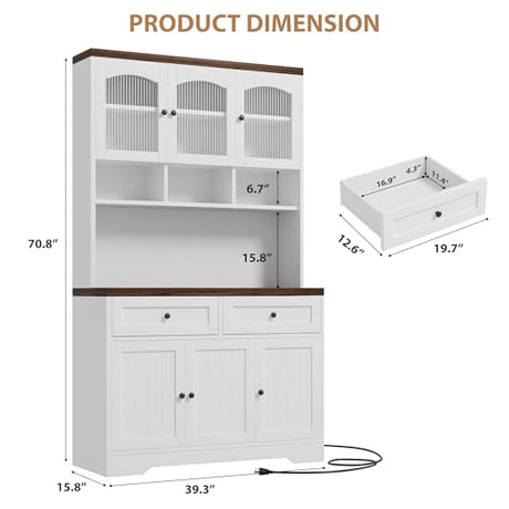 Garvee 71" Pantry Cabinet with Charging Station, Tall Kitchen Pantry Storage Cabinet with Microwave Stand, Farmhouse Kitchen Hutch with Storage Drawers for Living Room, Dining Room, White Garvee
