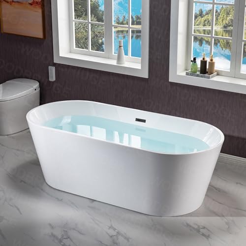WOODBRIDGE 71" Acrylic Freestanding Bathtub Contemporary Soaking White Tub with Matte Black Overflow and Drain,White,B1701 MB WOODBRIDGE