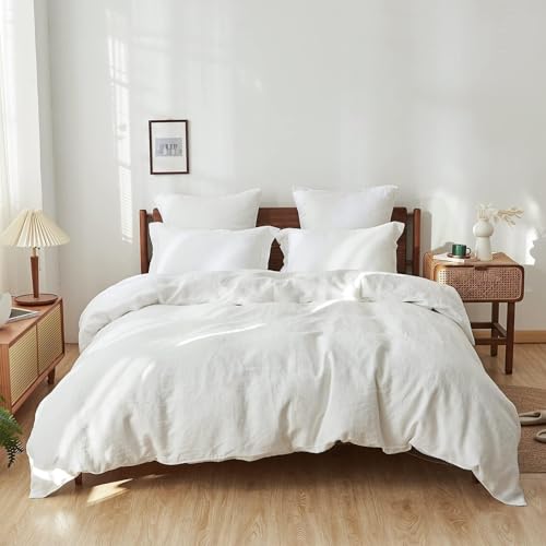 Simple&Opulence 100% Linen Duvet Cover Set, 3 PCS Natural French Flax White Duvet Cover Queen Size, Breathable Soft Comfy Linen Bedding Comforter Cover with 2 Pillowcases(White, 88"x92") Simple&Opulence